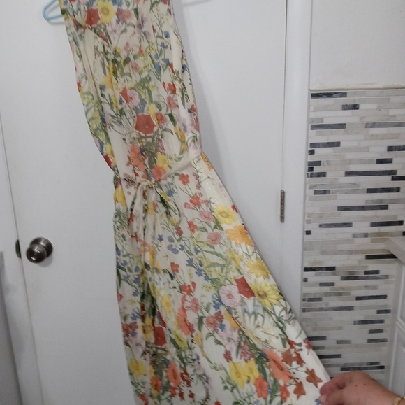 Zara Basic Sleeveless Floral Sheer Lined Midi Dress V neck Gold Shimmer Streaks - Picture 11 of 11